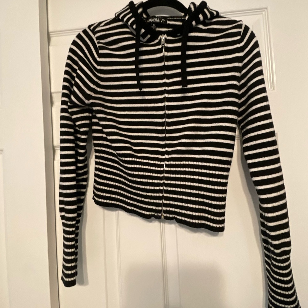 Cropped Black & White Striped Zip Hoodie